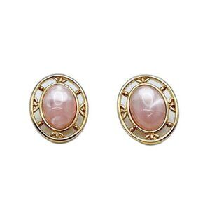 Vintage Monet Pink Pearl Oval Cabochon in Gold Statement Earrings